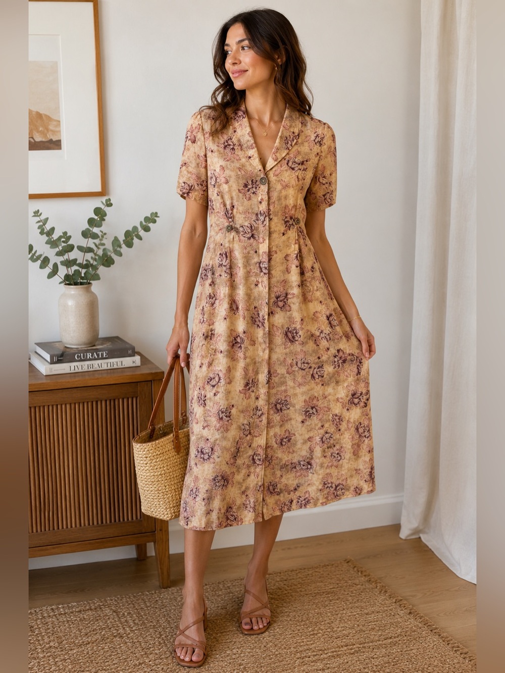 David Dart Mauve Floral Button-Front Vintage Midi Dress Size M Cottagecore